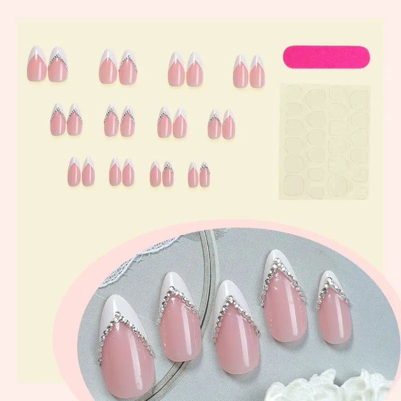 Nailhour 24Pcs White V-Shaped Medium Almond French Press On Nails
