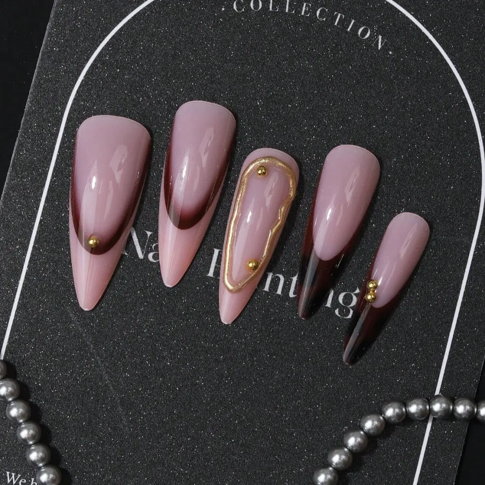 Nailhour 10Pcs French Long Almond Gilded Rhinestone Press On Nails