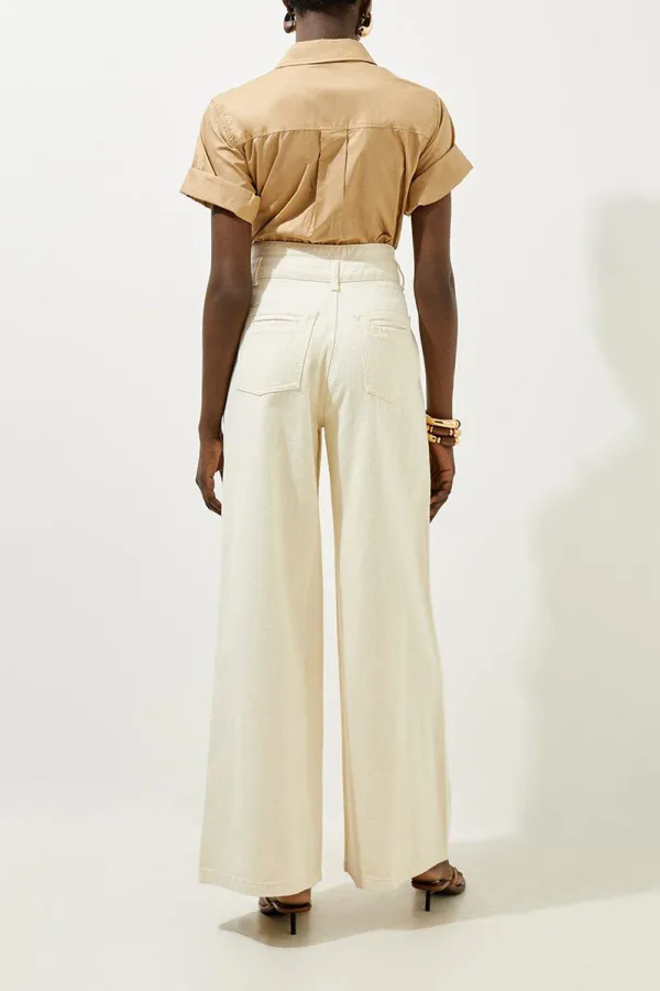 Denim Waistband Detail Wide Leg Trousers