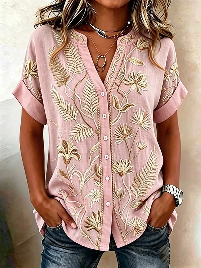Women's floral cotton and linen shirt