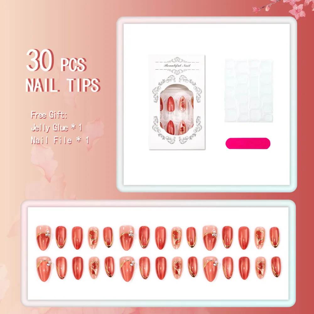 Nailhour 30Pcs Cat Eye Gilded French Medium Almond Press On Nails