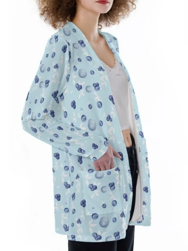 Pocketed Berry Print Cardigan