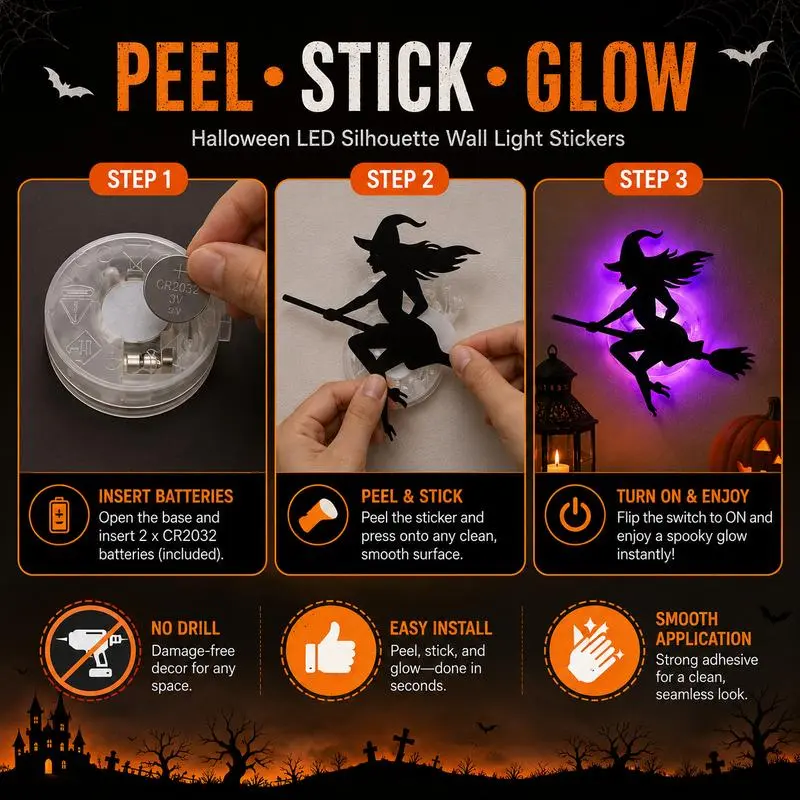 Halloween LED Silhouette Wall Light Stickers- Battery Powered Peel & Stick Spooky Decor
