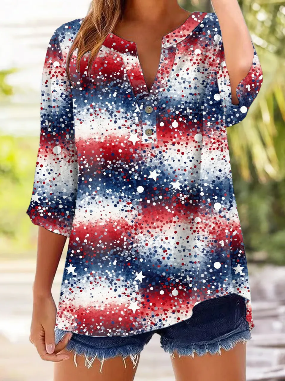 Women's Casual American 250th Anniversary Printed Cotton Linen Shirt