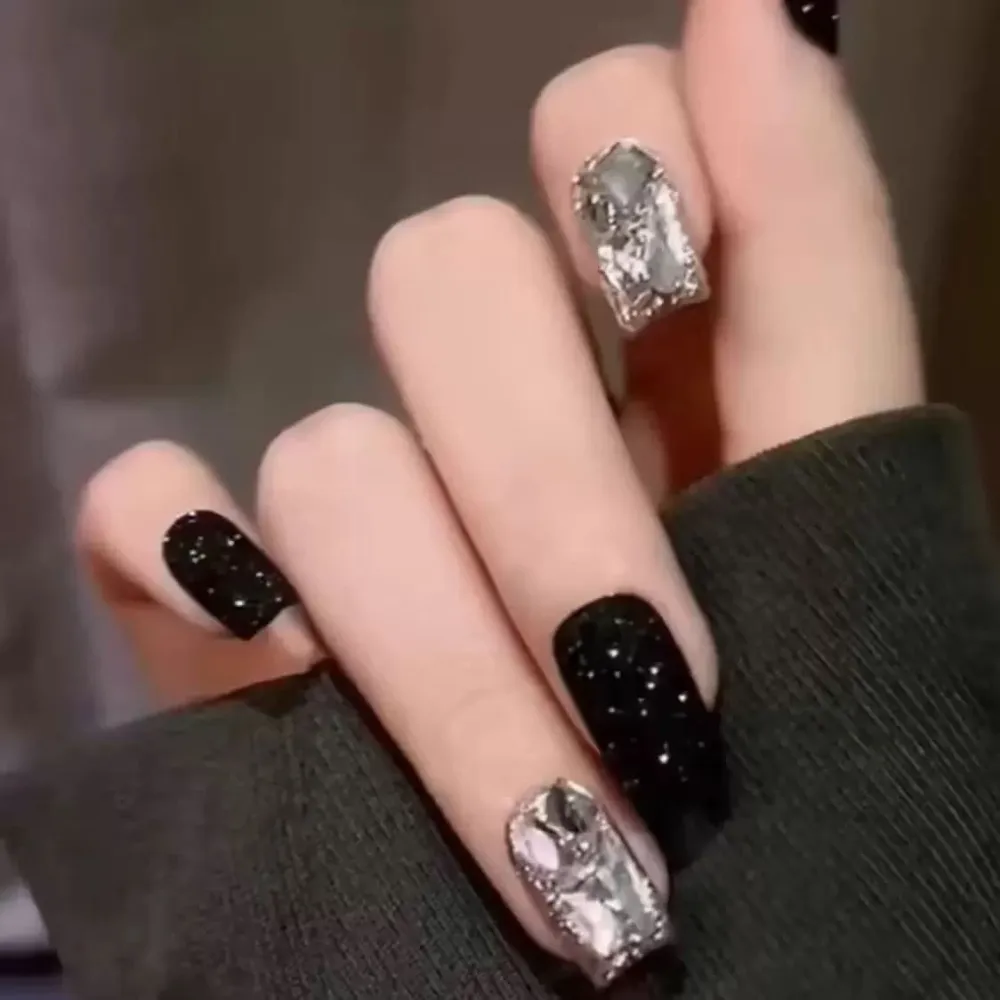 Nailhour 10Pcs Black Rhinestone French Medium Square Press On Nails