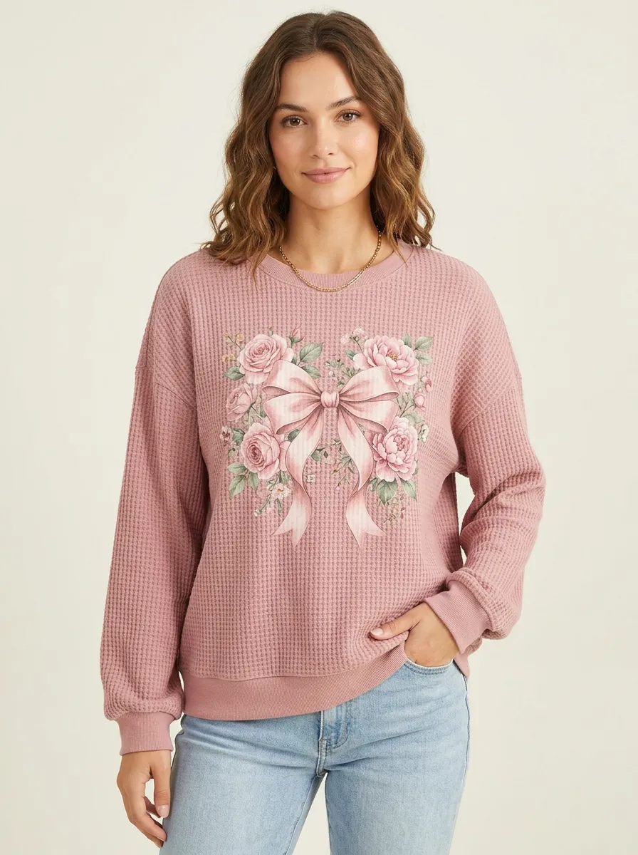 Women's Breast Cancer Awareness Pink Bow Floral Printed Waffle Sweatshirt