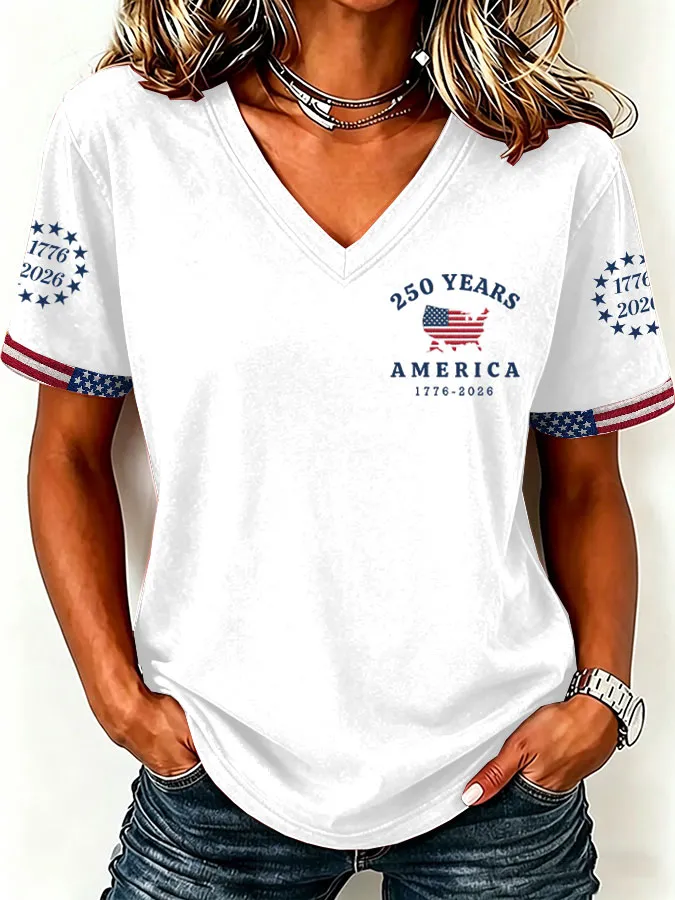 Women'S America Flag  Print Casual V-Neck T-Shirt
