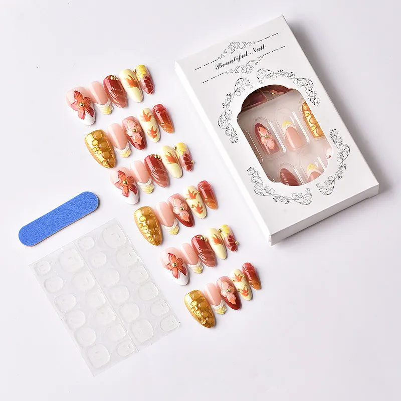 Nailhour 30Pcs Autumn Multicolo Floral Medium Almond Press On Nails