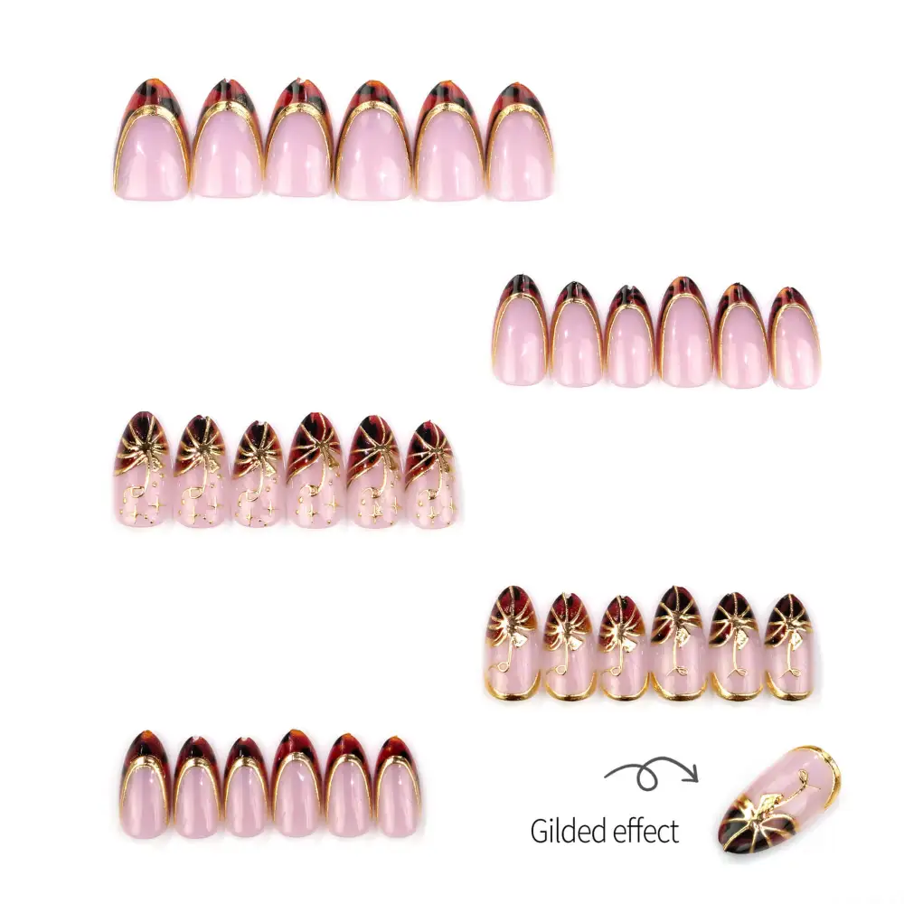 Nailhour 30Pcs Red Gilded French Medium Almond Press On Nails