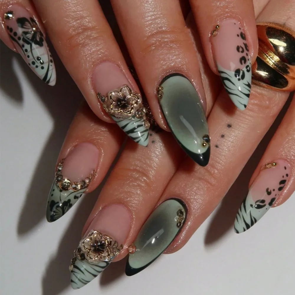 Nailhour 24Pcs Green Gilded Long Almond Press On Nails