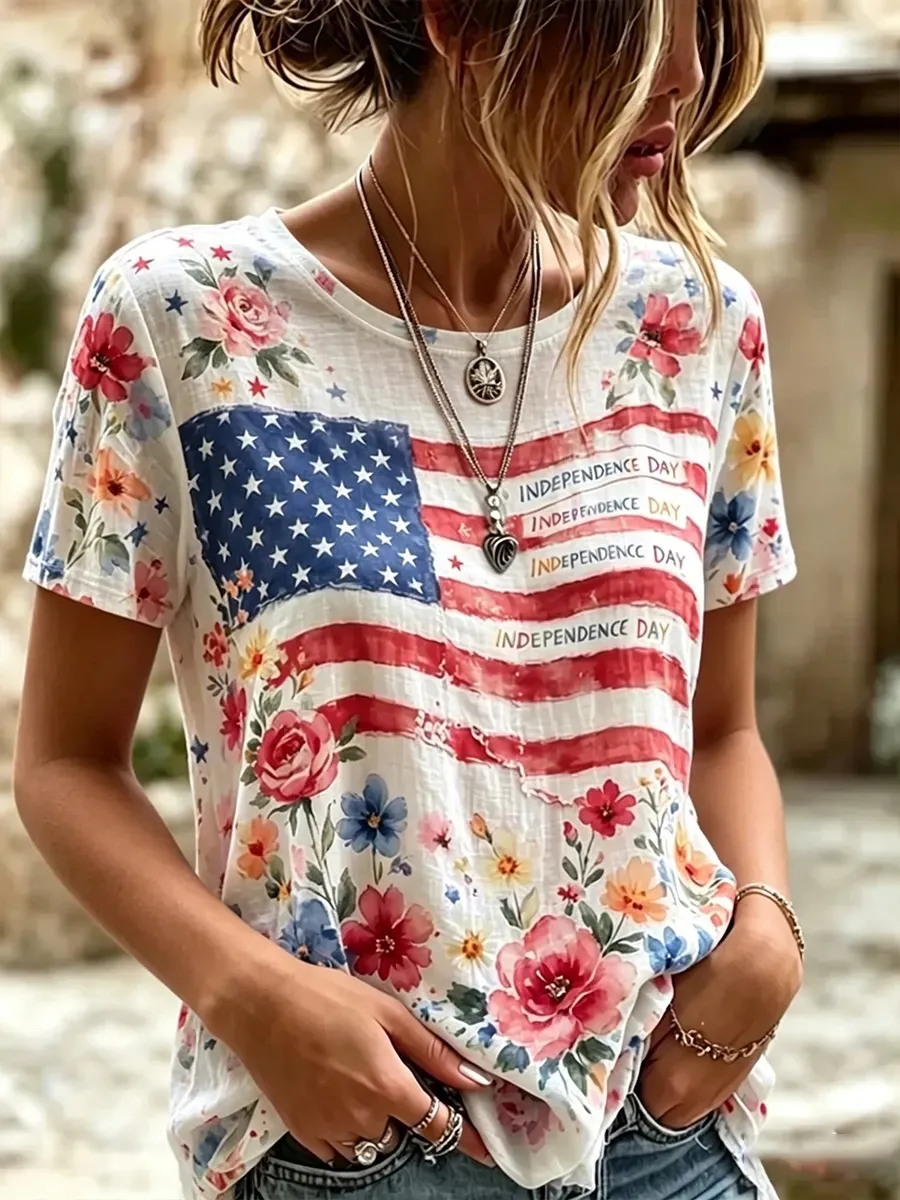 Women's Independence Day Flag and Flower Pattern Casual Short Sleeve Top