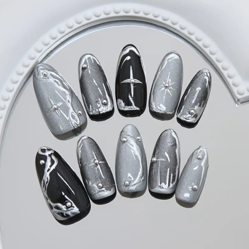 Nailhour 30Pcs 3D Rhinestone Cat Eye Gothic Party Medium Almond Black Press On Nails