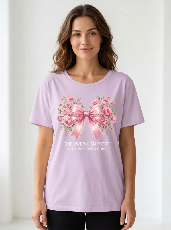 Women's Breast Cancer Awareness Floral Bow Printed T-shirt