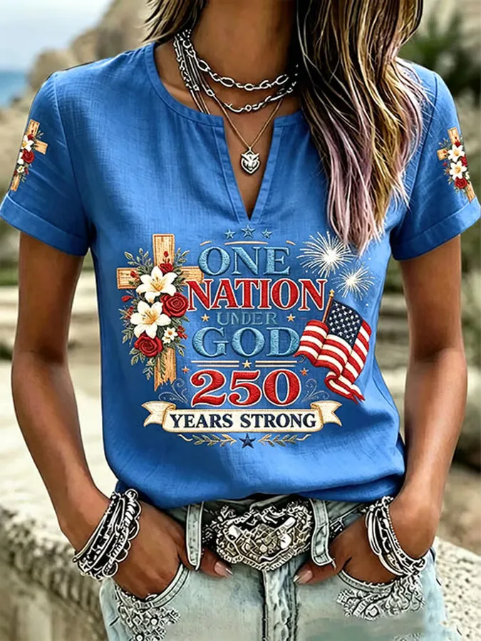 Women'S One Nation Under God Printed Casual Cotton Linen Short Sleeved Shirt