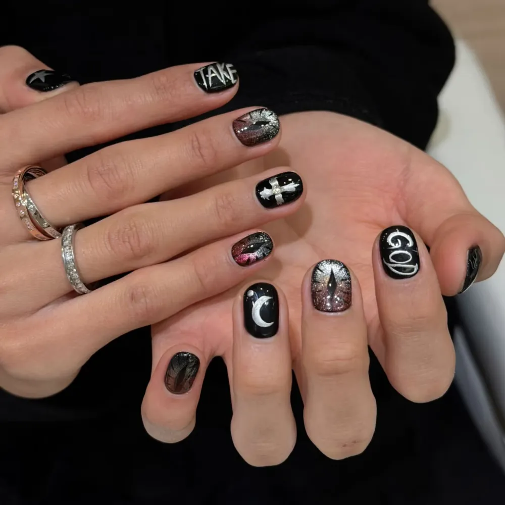 Nailhour 10Pcs Gradient Gothic Cat Eye Short Squoval Press On Nails