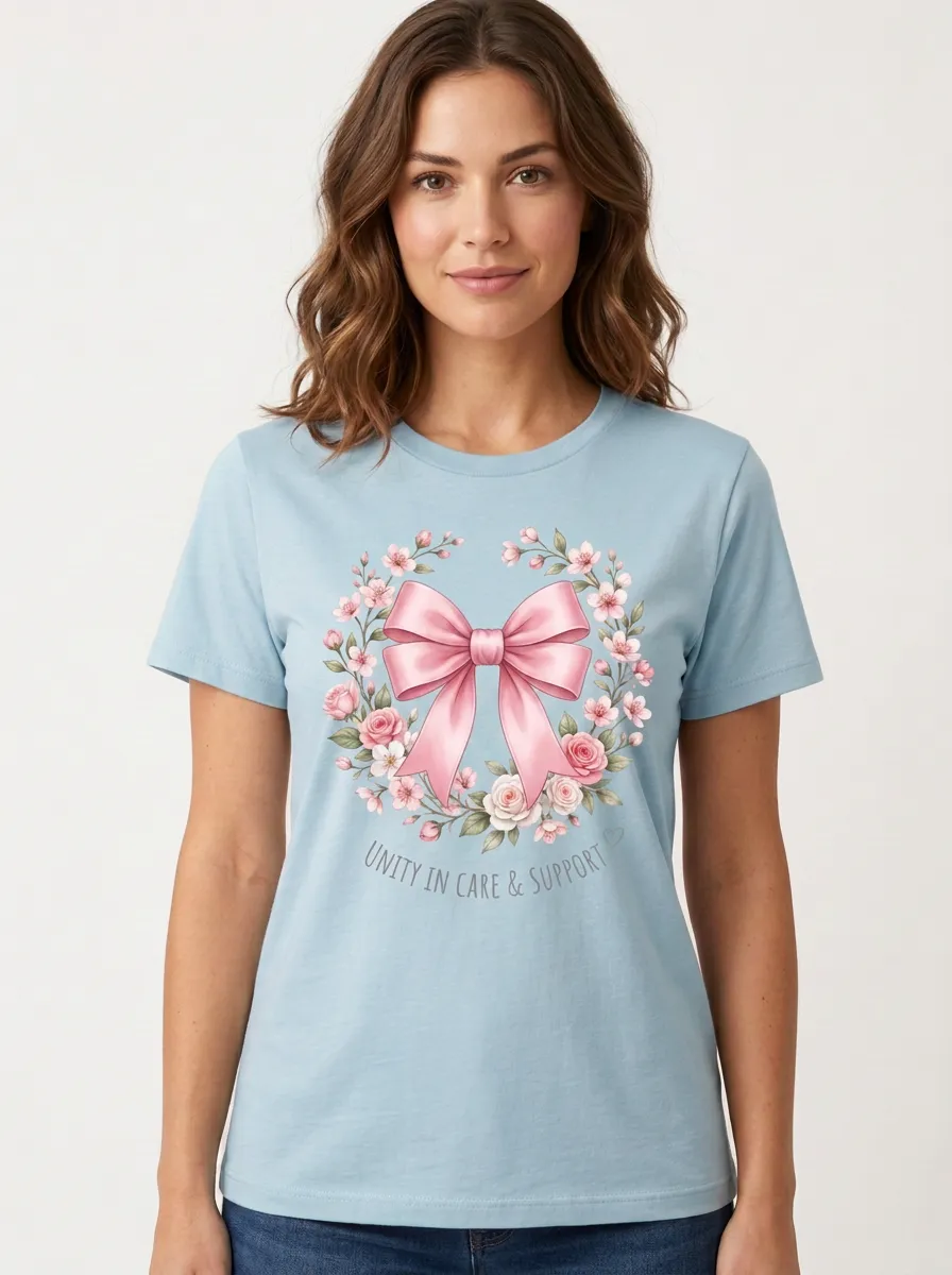 Women's Breast Cancer Awareness Pink Bow Floral Wreath Printed T-shirt
