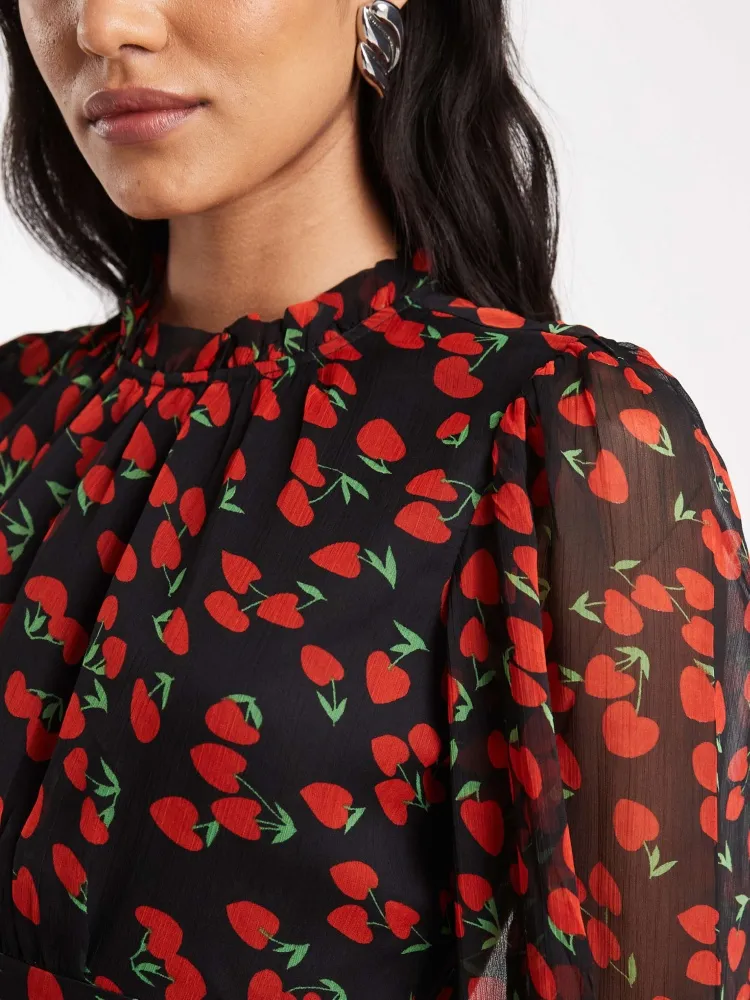 Cherry Print Ruffle Sleeve Dress
