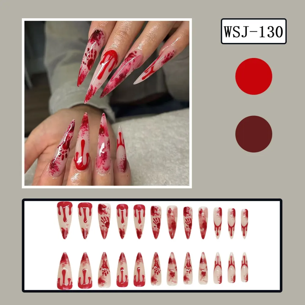 Nailhour 24Pcs Halloween Long Stiletto Red Press On Nails