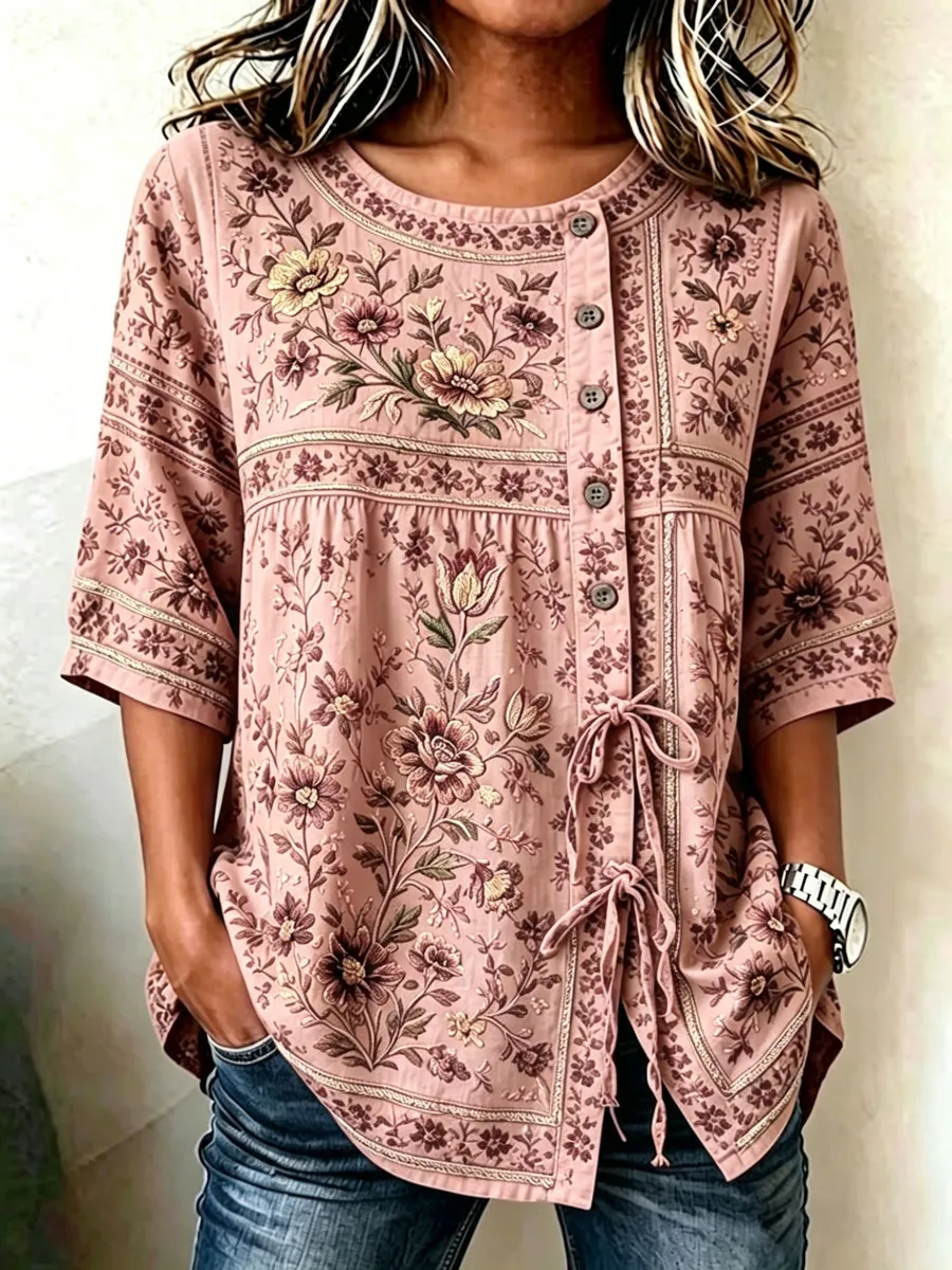 Women'S Casual Print Cotton Linen Print Top
