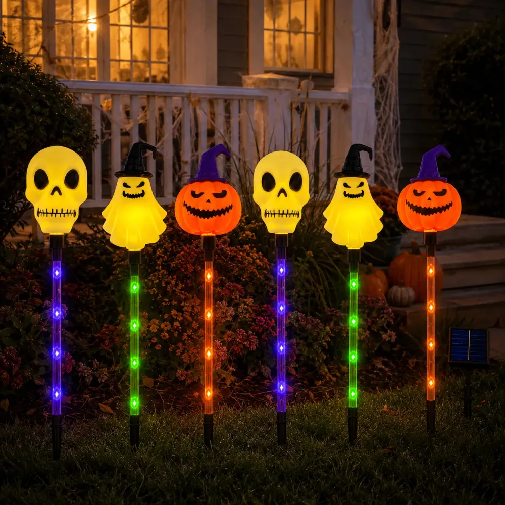 6pcs Halloween Solar Path Lights - Outdoor Ghost, Skeleton & Pumpkin Stake Lights with 8 Modes