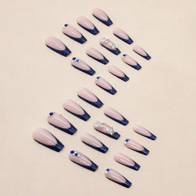 Nailhour Coffin French Blue Sparkling Butterfly 24Pcs Party Press On Nails