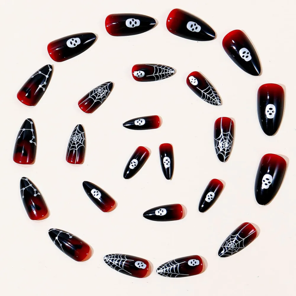 Nailhour 24Pcs Halloween Red Gradient Spider Web Skeleton Short Almond Press On Nails
