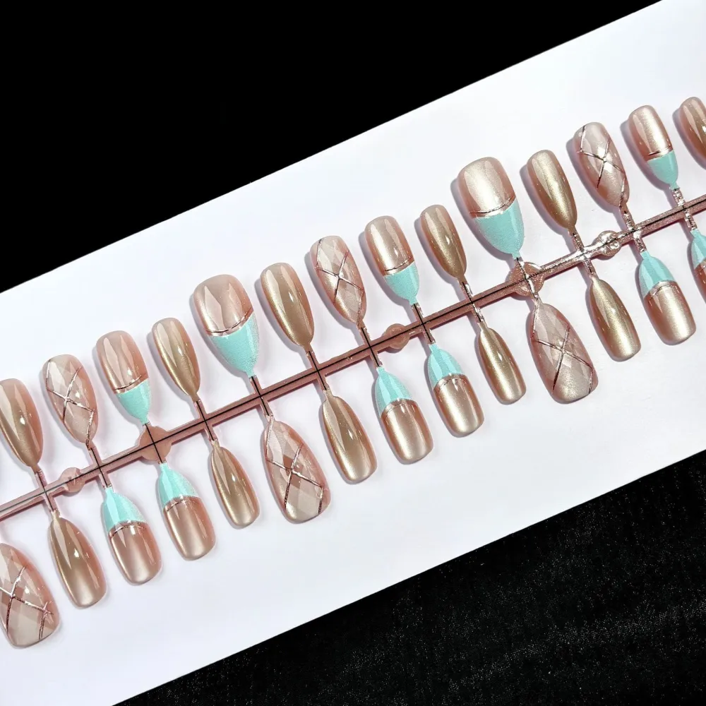 Nailhour 30Pcs Blue Cat Eye Gilded Medium Almond Cute Press On Nails