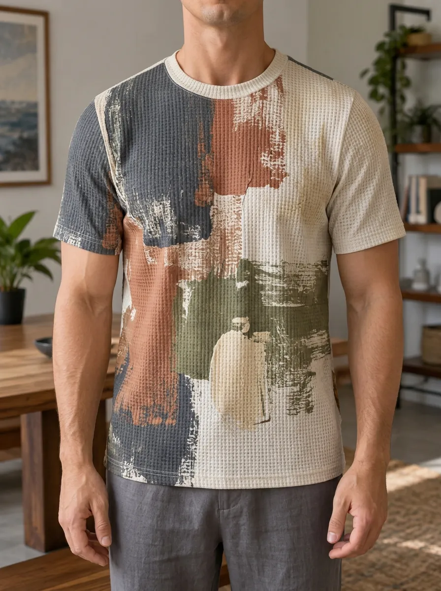 Men's Abstract Color Block Waffle Knit Crew Neck T-Shirt