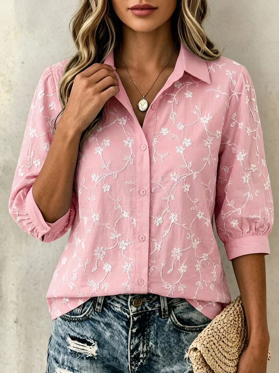 Women's Breast Cancer Awareness Floral Embroidered Printed Shirt