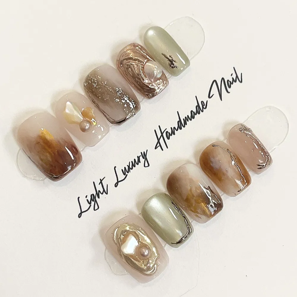 Nailhour 10Pcs 3D Gilded  Autumn Short Square Press On Nails