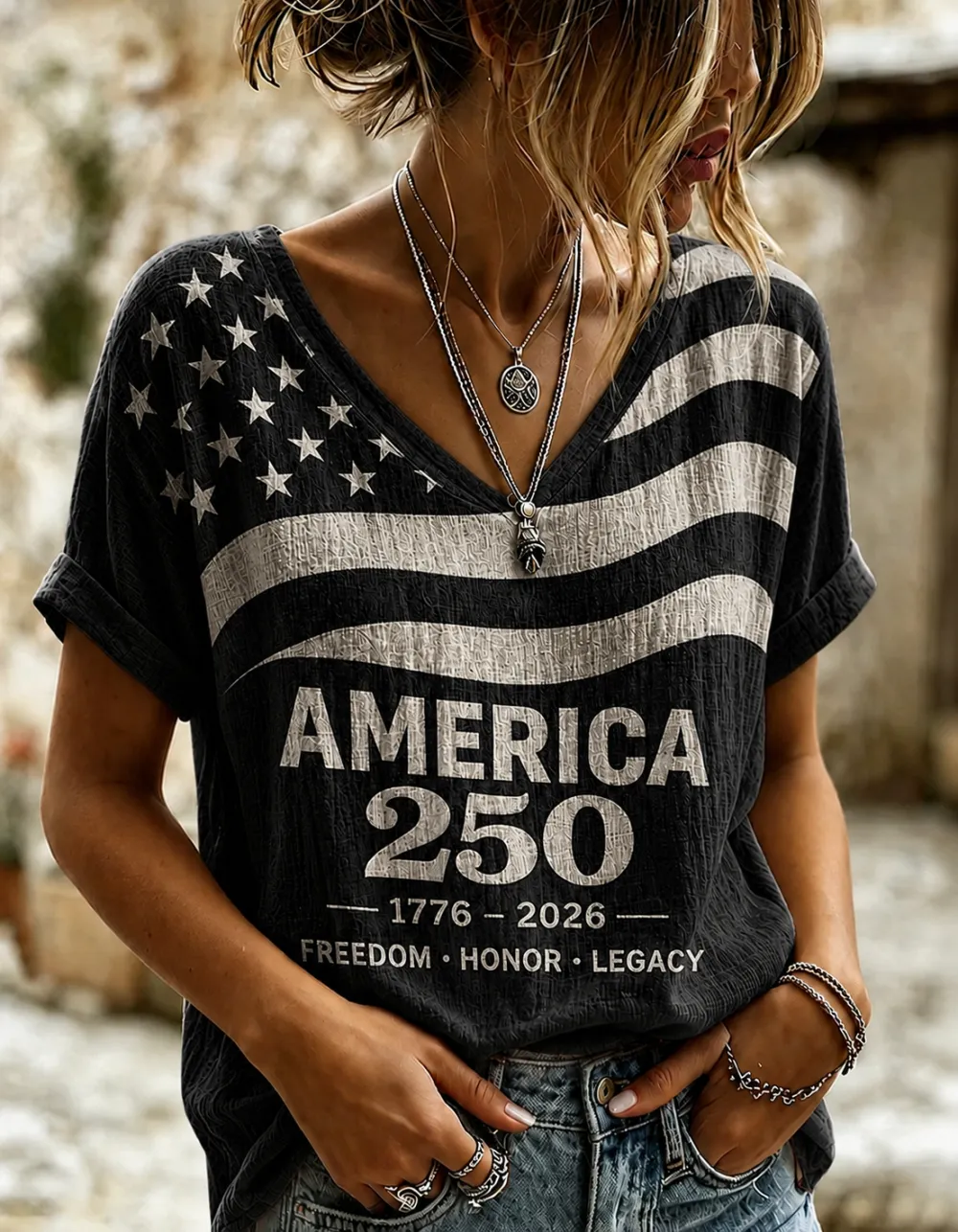 Women'S Retro Independence Day Printed Casual Short Sleeved T-Shirt