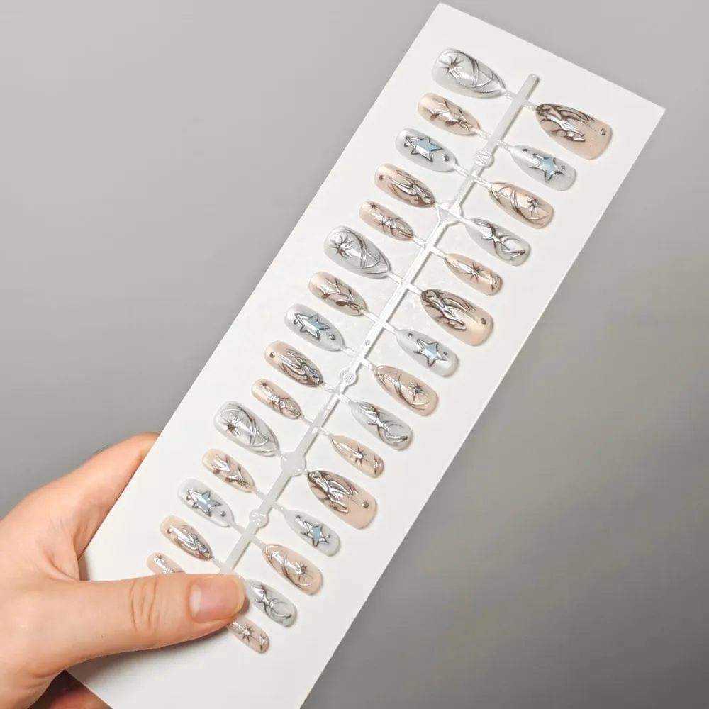 Nailhour 30Pcs Floral 3D Medium Almond French Press On Nails
