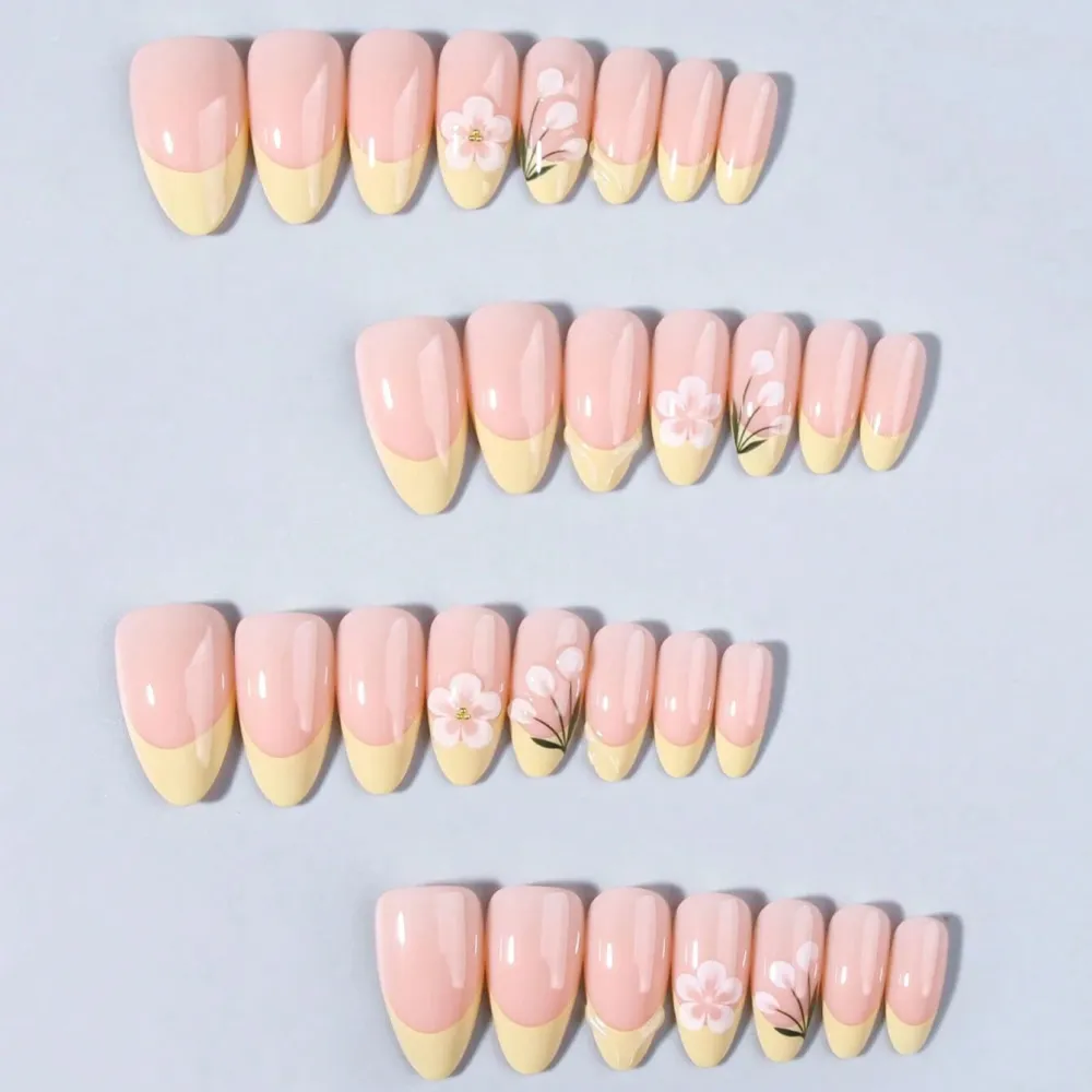 Nailhour 30Pcs Yellow Floral Medium Almond Press On Nails