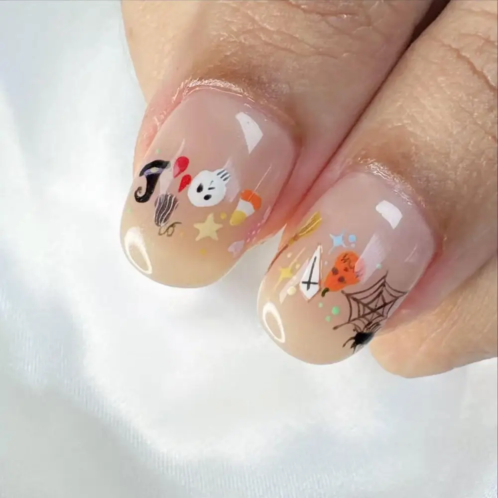 Nailhour 24Pcs Halloween Short Oval Playful Little Ghosts Press On Nails
