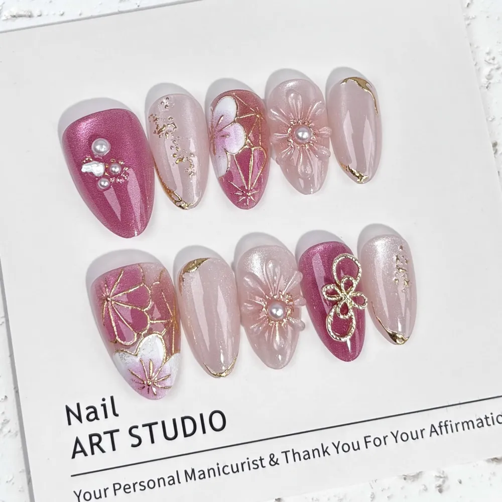 Nailhour 30Pcs 3D Floral Medium Oval Gilded Press On Nails
