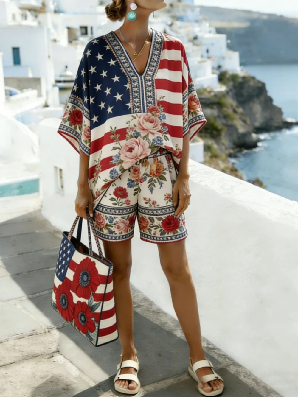 Women Floral Two-Piece Set Daily Short Sleeve Casual Summer Short Sets Matching Set