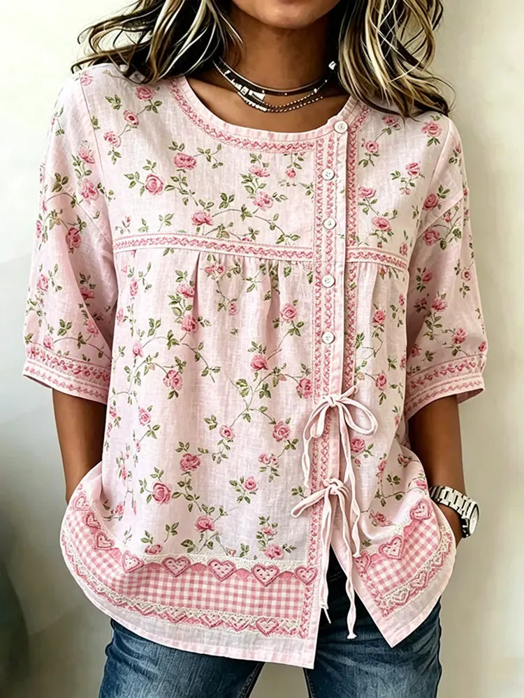 Women's casual floral cotton linen short sleeved shirt
