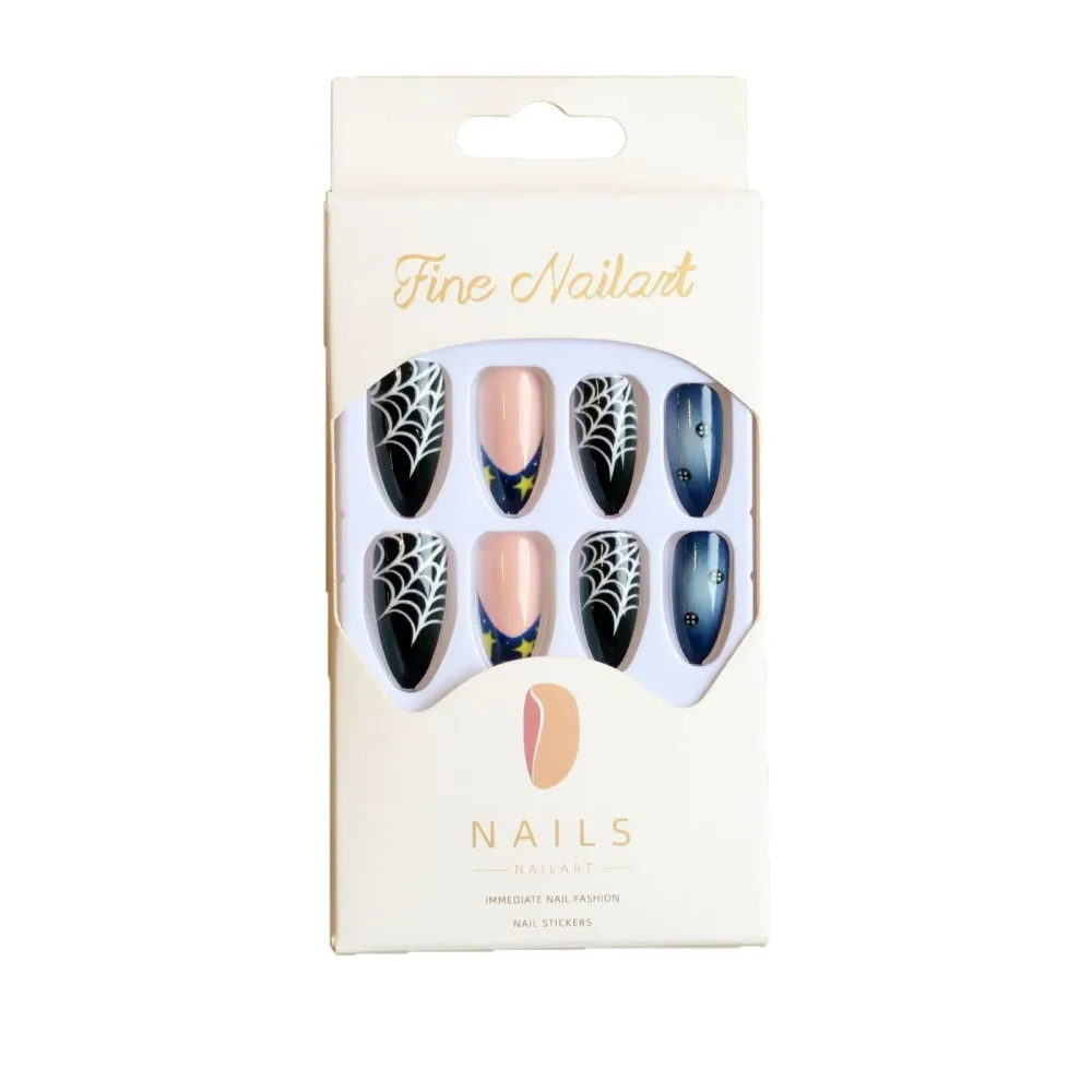 Nailhour 24Pcs Halloween Blue French Medium Almond Press On Nails