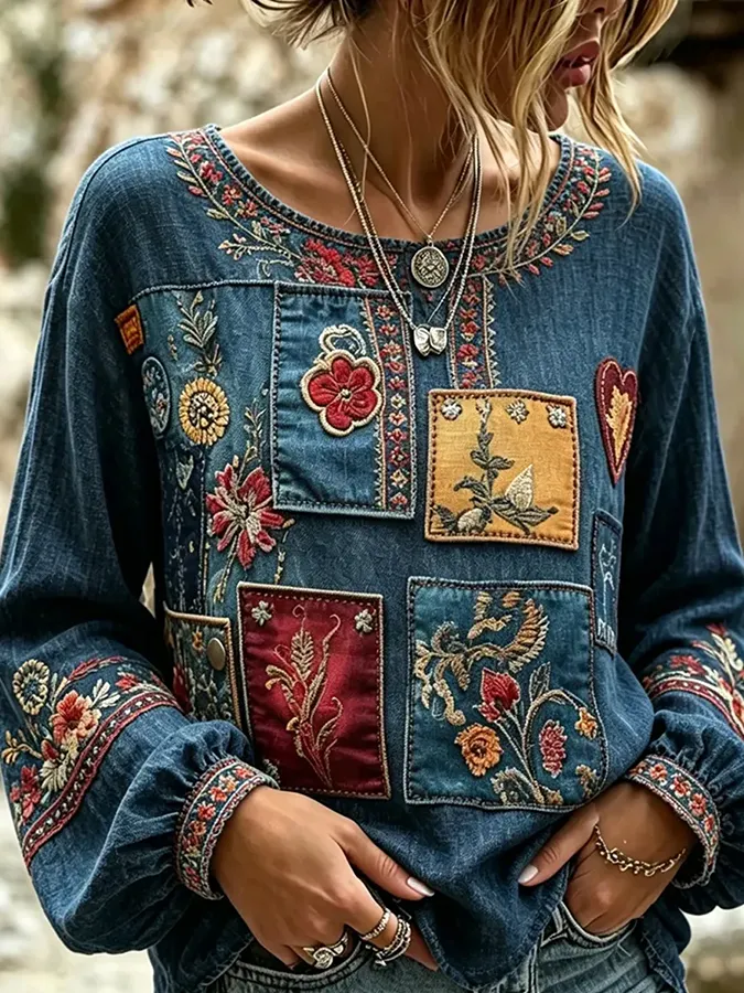 Women'S Floral Printed Casual Cotton And Linen Top