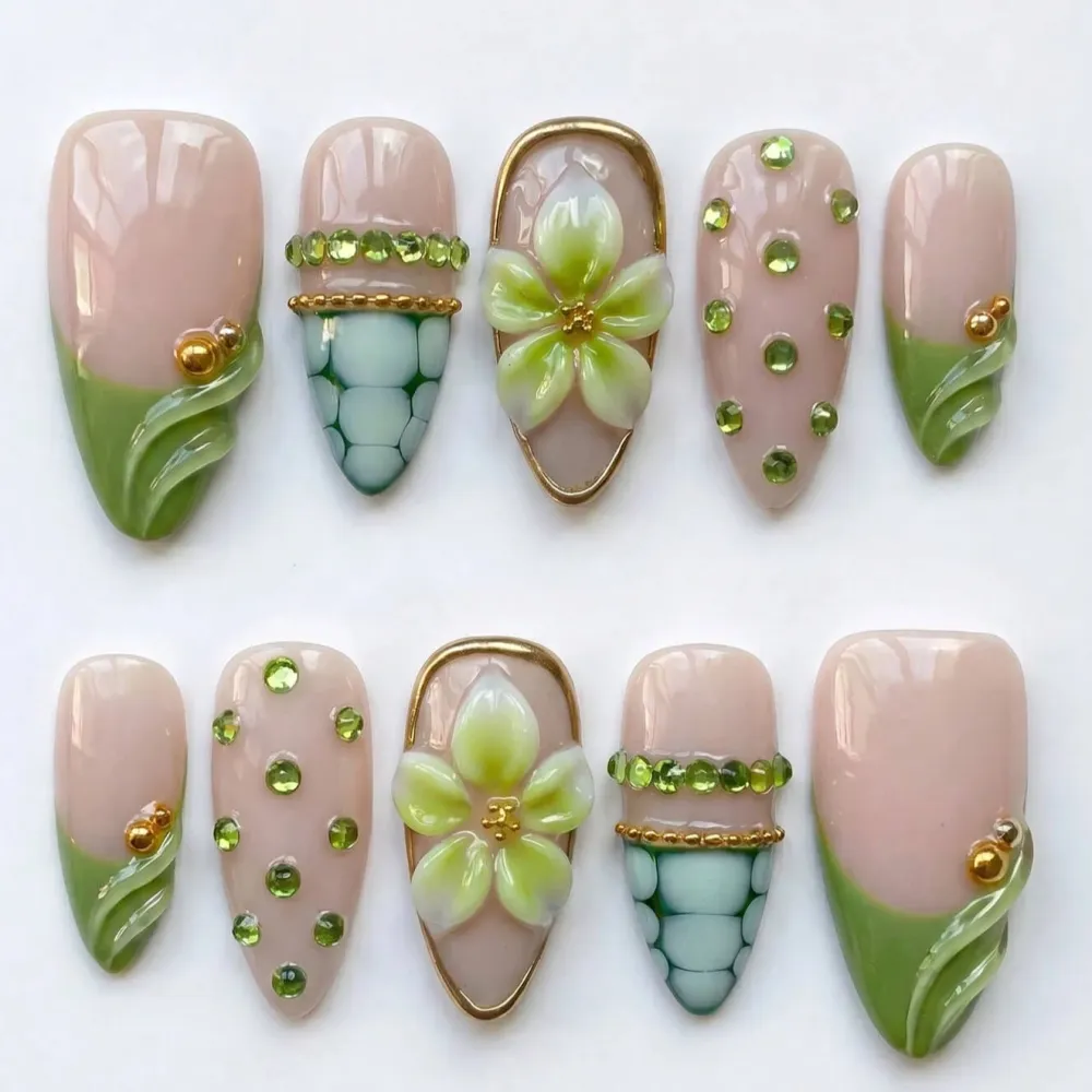 Nailhour 10Pcs Handmade Medium Almond French 3D Green Swirl Press On Nails