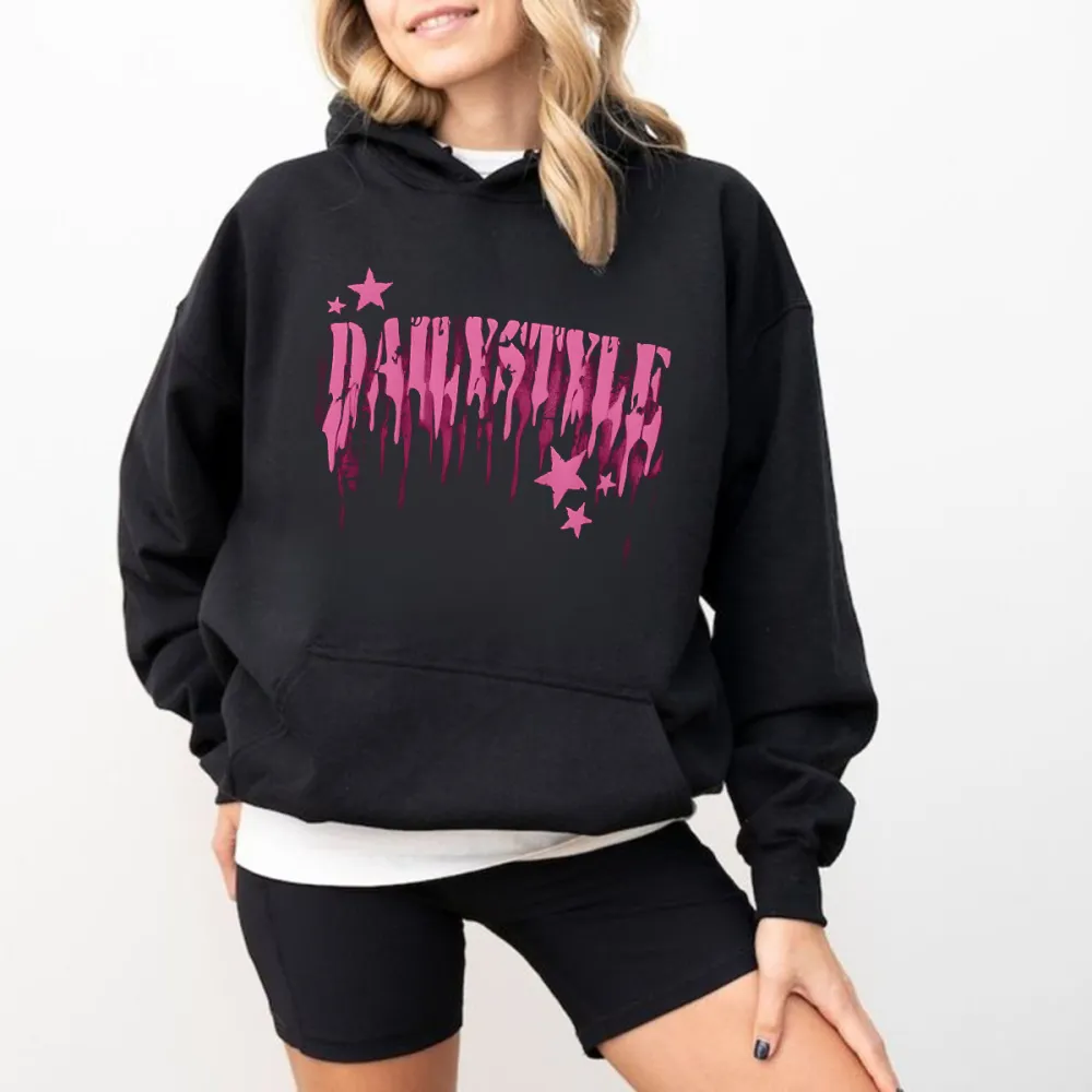 Pink Slogan And Pink Star Crew Neck Hoodies