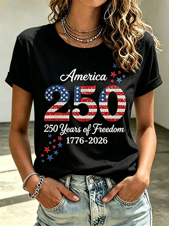 Ladies' Casual American 250Th Anniversary Sequin Personalized Printed Round Neck Short Sleeved T-Shirt