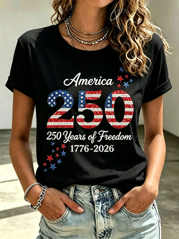 Ladies' Casual American 250Th Anniversary Sequin Personalized Printed Round Neck Short Sleeved T-Shirt