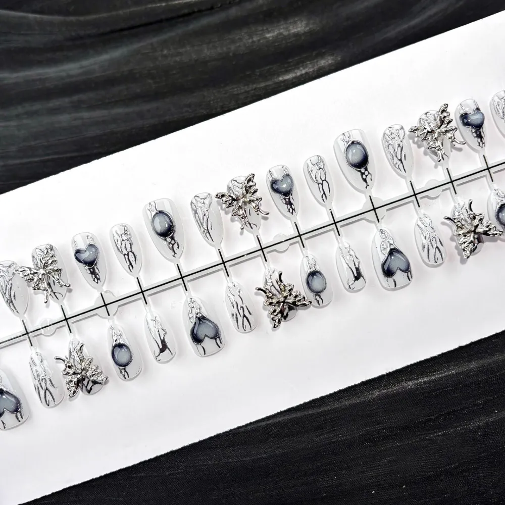 Nailhour 30Pcs Butterfly Almond Grey 3D Gilded Press On Nails