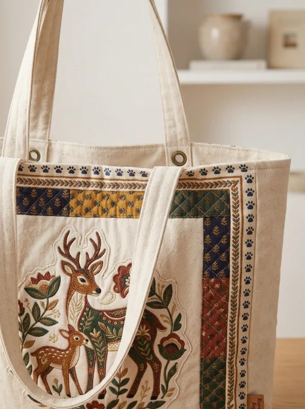 Nature Lover Deer Floral Patchwork Printed Tote Bag