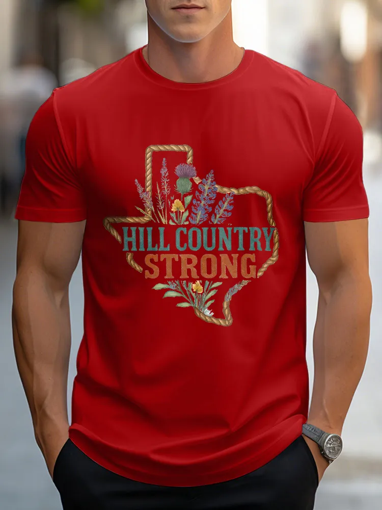 Men'S Casual Style HILL COUNTRY STRONG Round Neck Slim Fit T-Shirt