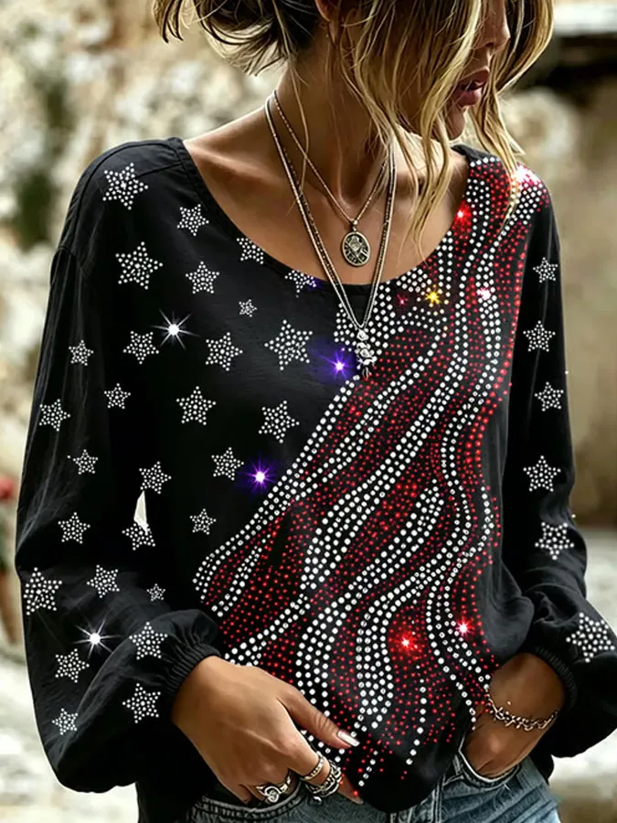 Women'S Flag Printed Casual Cotton And Linen Top