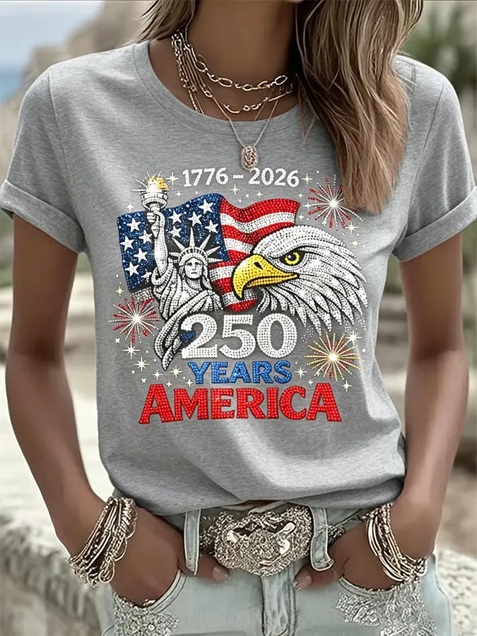 Ladies' Casual American 1776-2026 Anniversary Celebration Print Round Neck T-Shirt