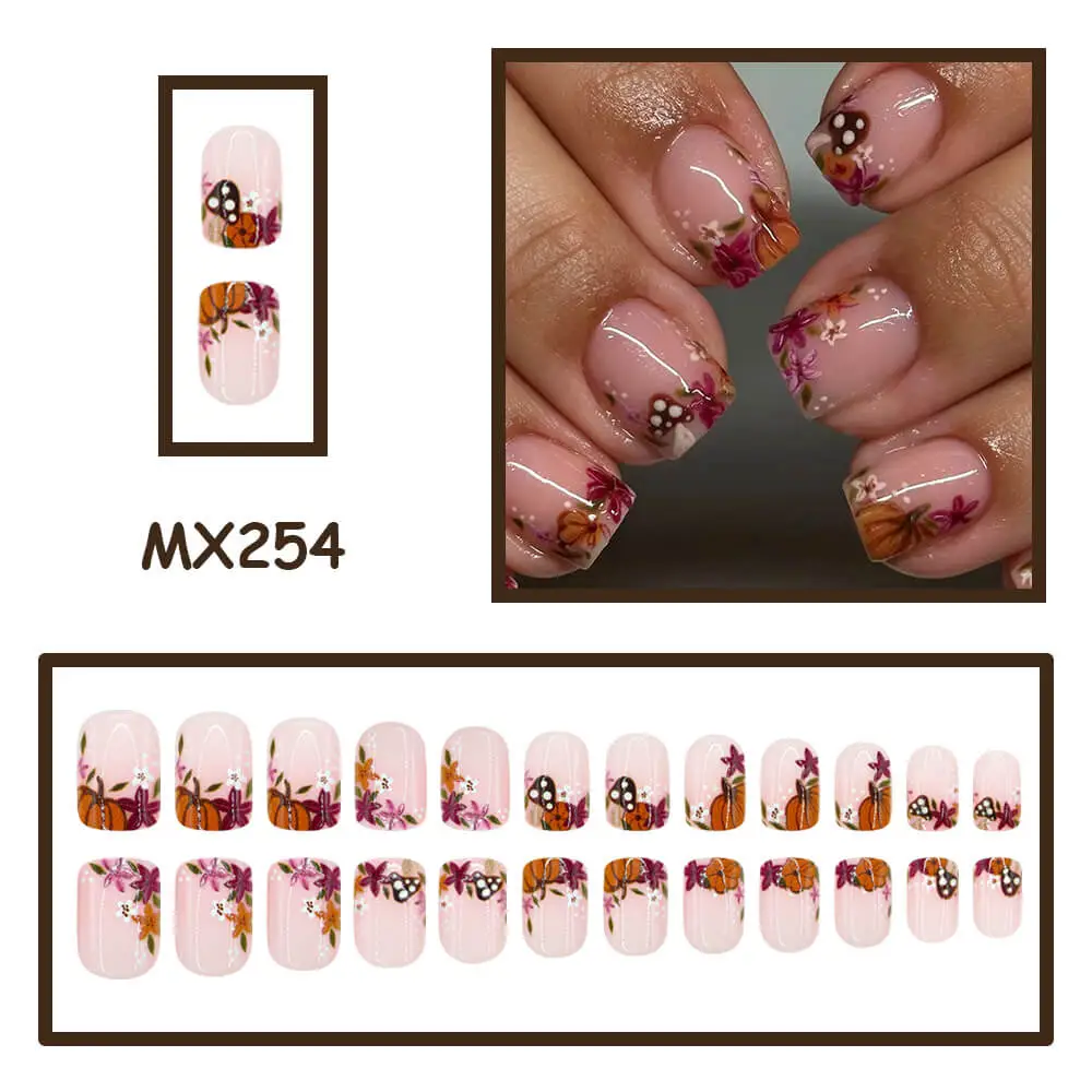 Nailhour 24Pcs Autumn Pumpkin Blossom Short Square Press On Nails