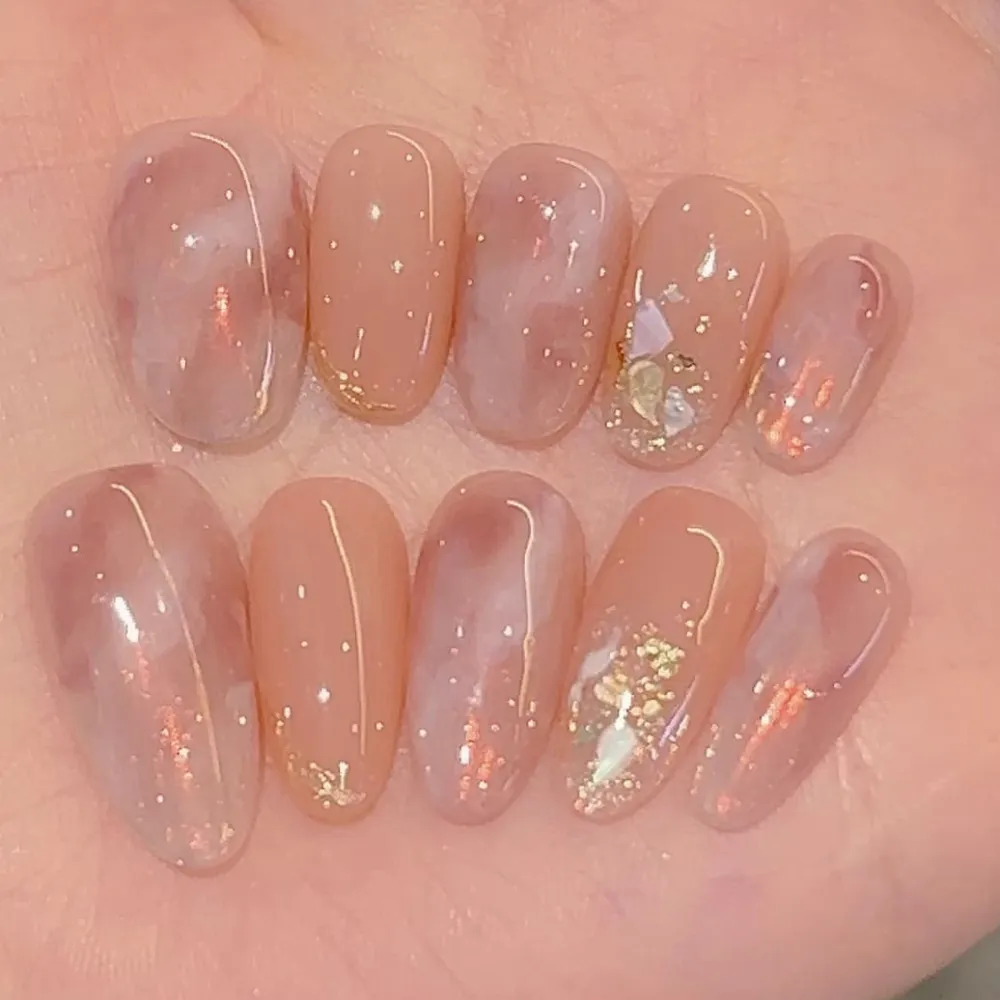 Nailhour 10Pcs French Gilded Cat Eye Medium Oval Press On Nails
